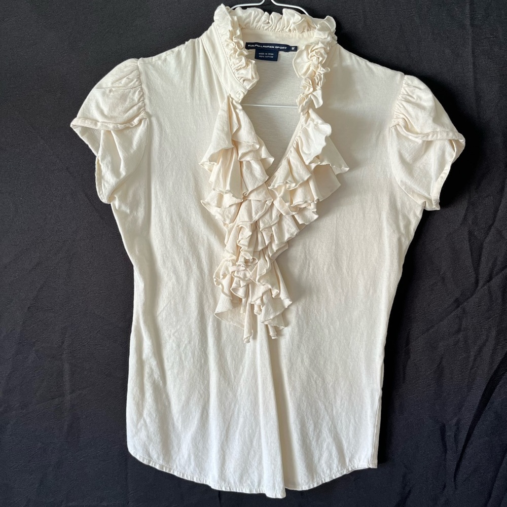 Ralph Lauren Sport Ivory Ruffle Front Tulip Sleeve Shirt, M, EUC
